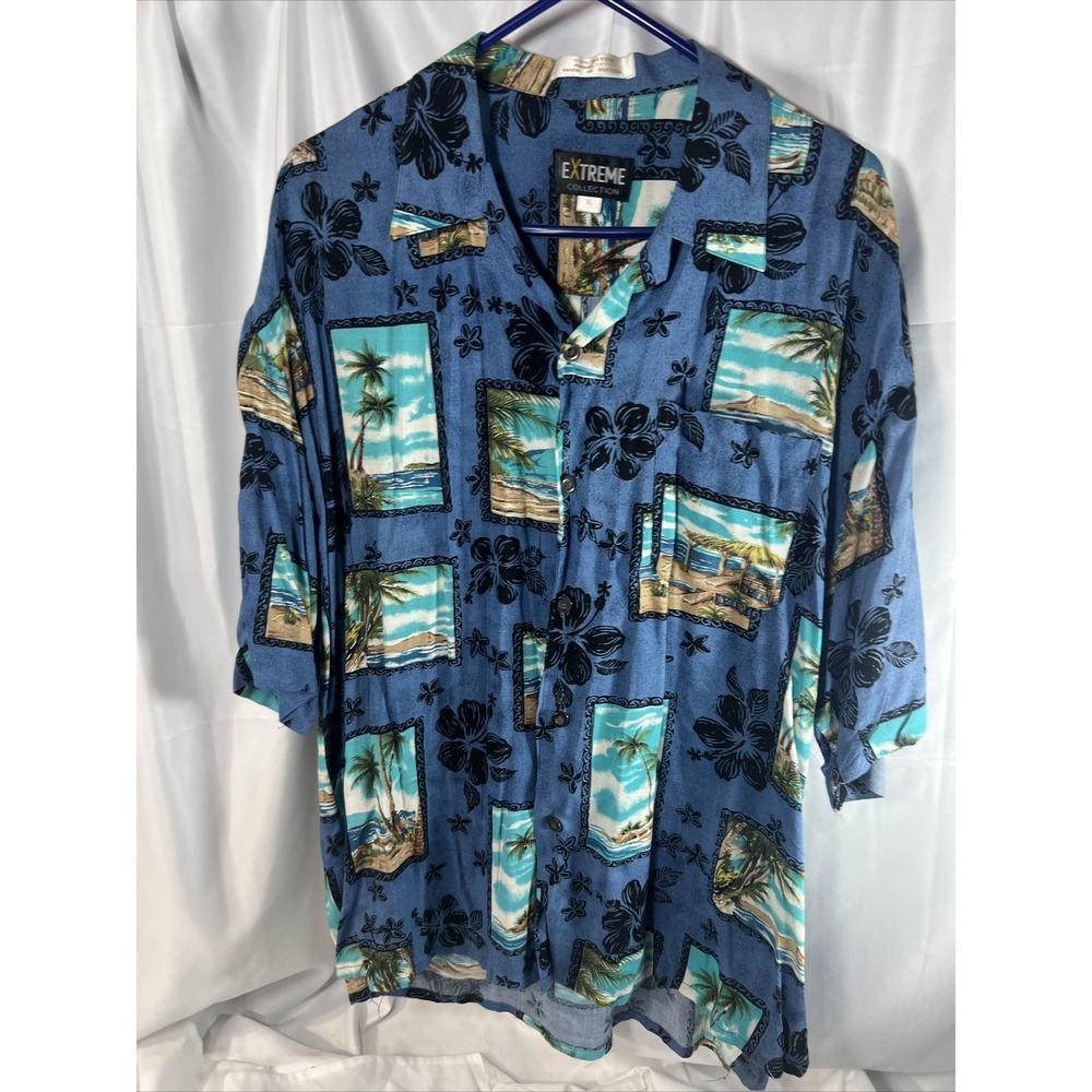 Vtg Hawaiian Shirt Extreme Button Up Sz XL Blue Aloha Beach Palm Tree Soft